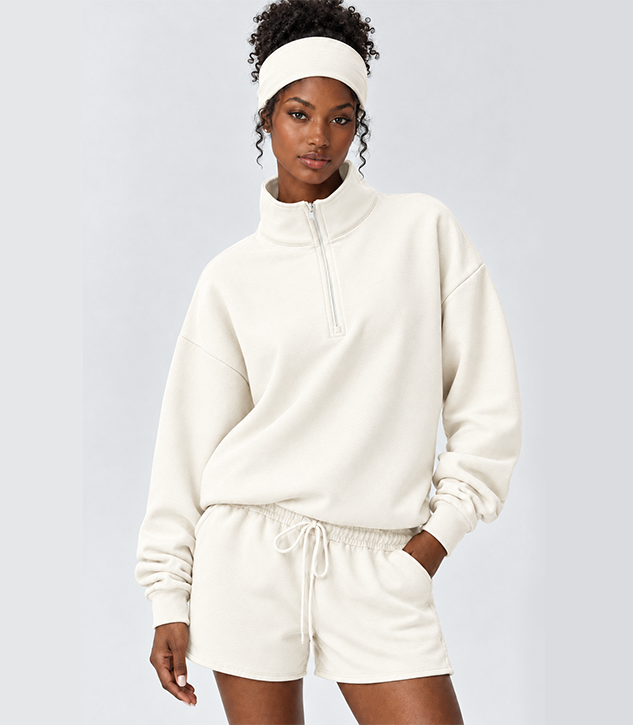 Women Quarter Zip Sweatshirt & Sweat Shorts Set